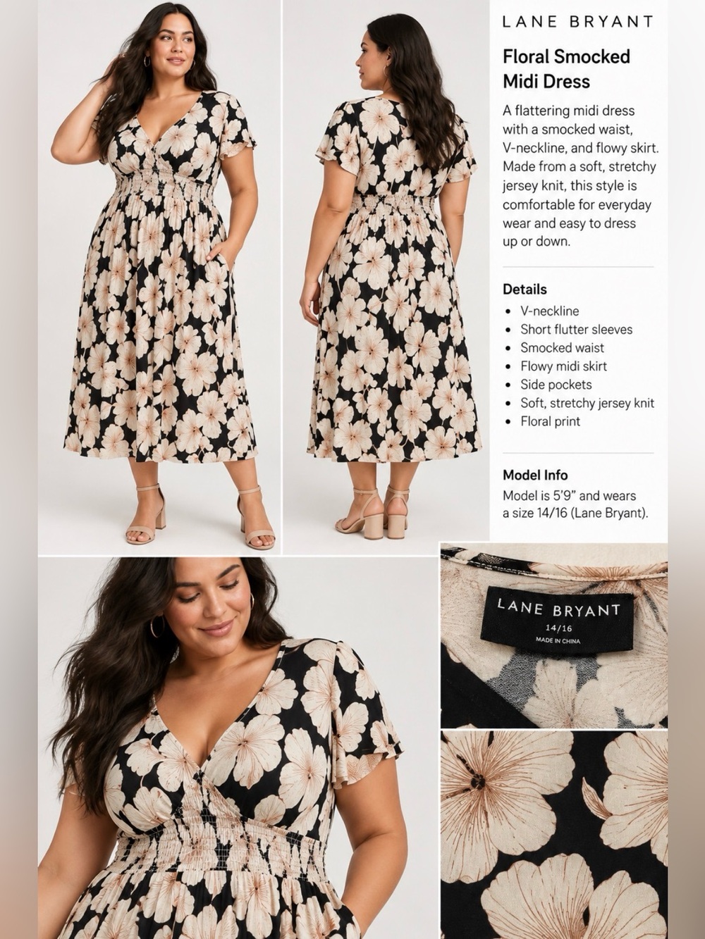 Lane Bryant Black Midi Dress with Cream Floral Print